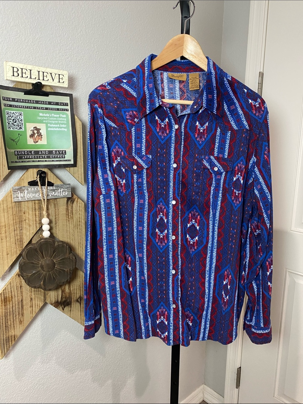 Wrangler Blue and Red Southwestern Snap-Front Shirt
